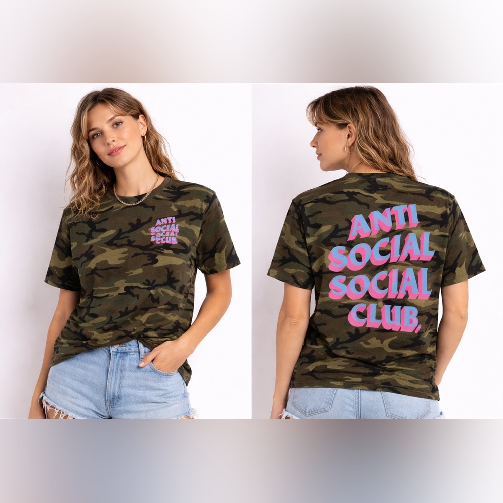 RARE ANTISOCIAL club Camo Graphic Tee with Pink and Blue Text